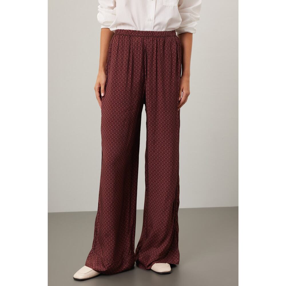 Splendid Lumi Satin Pants Burgundy Geometric‎ Print Elastic Waist Wide Leg Sz M